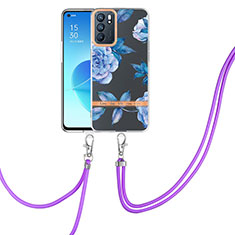 Silicone Candy Rubber Gel Fashionable Pattern Soft Case Cover with Lanyard Strap Y06B for Oppo Reno6 5G Blue