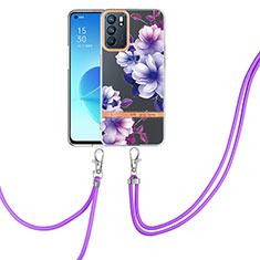 Silicone Candy Rubber Gel Fashionable Pattern Soft Case Cover with Lanyard Strap Y06B for Oppo Reno6 5G Clove Purple