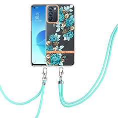 Silicone Candy Rubber Gel Fashionable Pattern Soft Case Cover with Lanyard Strap Y06B for Oppo Reno6 5G Cyan