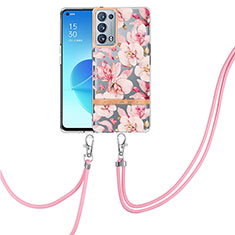 Silicone Candy Rubber Gel Fashionable Pattern Soft Case Cover with Lanyard Strap Y06B for Oppo Reno6 Pro+ Plus 5G Pink