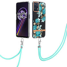 Silicone Candy Rubber Gel Fashionable Pattern Soft Case Cover with Lanyard Strap Y06B for Realme 9 4G Cyan