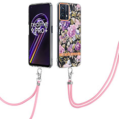 Silicone Candy Rubber Gel Fashionable Pattern Soft Case Cover with Lanyard Strap Y06B for Realme 9 5G Clove Purple