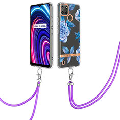 Silicone Candy Rubber Gel Fashionable Pattern Soft Case Cover with Lanyard Strap Y06B for Realme C21Y Blue