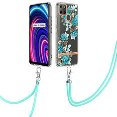 Silicone Candy Rubber Gel Fashionable Pattern Soft Case Cover with Lanyard Strap Y06B for Realme C21Y Cyan