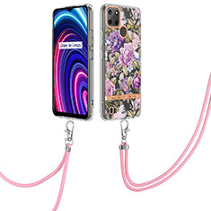 Silicone Candy Rubber Gel Fashionable Pattern Soft Case Cover with Lanyard Strap Y06B for Realme C25Y Clove Purple