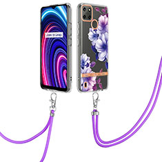 Silicone Candy Rubber Gel Fashionable Pattern Soft Case Cover with Lanyard Strap Y06B for Realme C25Y India Purple