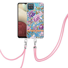 Silicone Candy Rubber Gel Fashionable Pattern Soft Case Cover with Lanyard Strap Y06B for Samsung Galaxy A12 5G Clove Purple