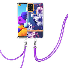 Silicone Candy Rubber Gel Fashionable Pattern Soft Case Cover with Lanyard Strap Y06B for Samsung Galaxy A21s Purple