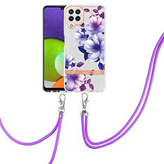 Silicone Candy Rubber Gel Fashionable Pattern Soft Case Cover with Lanyard Strap Y06B for Samsung Galaxy A22 4G Purple