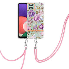 Silicone Candy Rubber Gel Fashionable Pattern Soft Case Cover with Lanyard Strap Y06B for Samsung Galaxy A22 5G Clove Purple