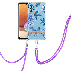 Silicone Candy Rubber Gel Fashionable Pattern Soft Case Cover with Lanyard Strap Y06B for Samsung Galaxy A32 4G Blue