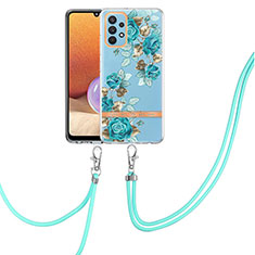 Silicone Candy Rubber Gel Fashionable Pattern Soft Case Cover with Lanyard Strap Y06B for Samsung Galaxy A32 5G Cyan