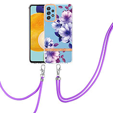 Silicone Candy Rubber Gel Fashionable Pattern Soft Case Cover with Lanyard Strap Y06B for Samsung Galaxy A52 4G Purple