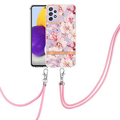 Silicone Candy Rubber Gel Fashionable Pattern Soft Case Cover with Lanyard Strap Y06B for Samsung Galaxy A72 5G Pink