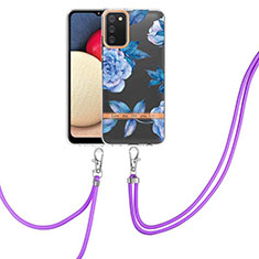 Silicone Candy Rubber Gel Fashionable Pattern Soft Case Cover with Lanyard Strap Y06B for Samsung Galaxy F02S SM-E025F Blue