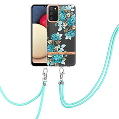Silicone Candy Rubber Gel Fashionable Pattern Soft Case Cover with Lanyard Strap Y06B for Samsung Galaxy F02S SM-E025F Cyan