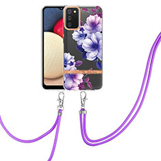 Silicone Candy Rubber Gel Fashionable Pattern Soft Case Cover with Lanyard Strap Y06B for Samsung Galaxy F02S SM-E025F Purple