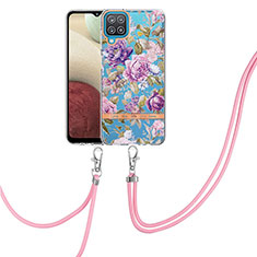 Silicone Candy Rubber Gel Fashionable Pattern Soft Case Cover with Lanyard Strap Y06B for Samsung Galaxy F12 Clove Purple