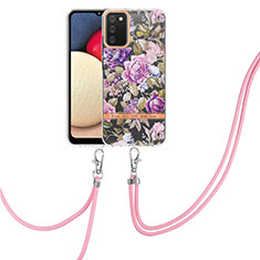 Silicone Candy Rubber Gel Fashionable Pattern Soft Case Cover with Lanyard Strap Y06B for Samsung Galaxy M02s Clove Purple