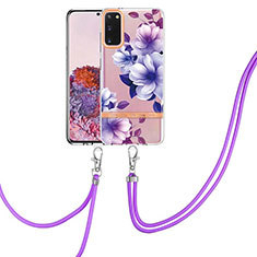 Silicone Candy Rubber Gel Fashionable Pattern Soft Case Cover with Lanyard Strap Y06B for Samsung Galaxy S20 Purple