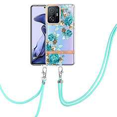 Silicone Candy Rubber Gel Fashionable Pattern Soft Case Cover with Lanyard Strap Y06B for Xiaomi Mi 11T 5G Cyan