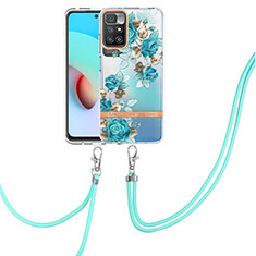 Silicone Candy Rubber Gel Fashionable Pattern Soft Case Cover with Lanyard Strap Y06B for Xiaomi Redmi 10 (2022) Cyan