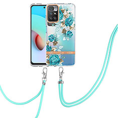 Silicone Candy Rubber Gel Fashionable Pattern Soft Case Cover with Lanyard Strap Y06B for Xiaomi Redmi 10 4G Cyan