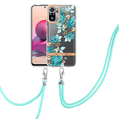 Silicone Candy Rubber Gel Fashionable Pattern Soft Case Cover with Lanyard Strap Y06B for Xiaomi Redmi Note 10 4G Cyan