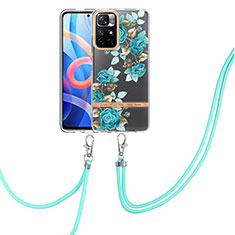 Silicone Candy Rubber Gel Fashionable Pattern Soft Case Cover with Lanyard Strap Y06B for Xiaomi Redmi Note 11S 5G Cyan