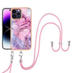 Silicone Candy Rubber Gel Fashionable Pattern Soft Case Cover with Lanyard Strap Y07B for Apple iPhone 13 Pro Max Clove Purple