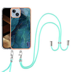 Silicone Candy Rubber Gel Fashionable Pattern Soft Case Cover with Lanyard Strap Y07B for Apple iPhone 15 Plus Green