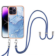 Silicone Candy Rubber Gel Fashionable Pattern Soft Case Cover with Lanyard Strap Y07B for Apple iPhone 15 Pro Blue