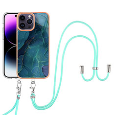 Silicone Candy Rubber Gel Fashionable Pattern Soft Case Cover with Lanyard Strap Y07B for Apple iPhone 15 Pro Green