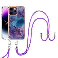 Silicone Candy Rubber Gel Fashionable Pattern Soft Case Cover with Lanyard Strap Y07B for Apple iPhone 16 Pro Purple