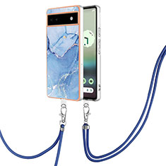 Silicone Candy Rubber Gel Fashionable Pattern Soft Case Cover with Lanyard Strap Y07B for Google Pixel 6a 5G Blue