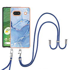 Silicone Candy Rubber Gel Fashionable Pattern Soft Case Cover with Lanyard Strap Y07B for Google Pixel 7a 5G Blue