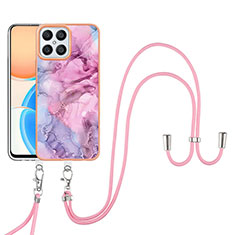 Silicone Candy Rubber Gel Fashionable Pattern Soft Case Cover with Lanyard Strap Y07B for Huawei Honor X8 4G Clove Purple