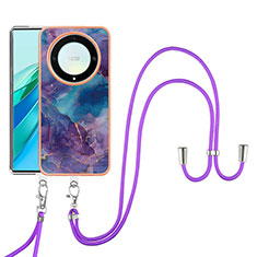 Silicone Candy Rubber Gel Fashionable Pattern Soft Case Cover with Lanyard Strap Y07B for Huawei Honor X9a 5G Purple