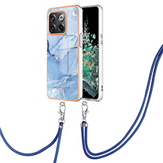 Silicone Candy Rubber Gel Fashionable Pattern Soft Case Cover with Lanyard Strap Y07B for OnePlus 10T 5G Blue