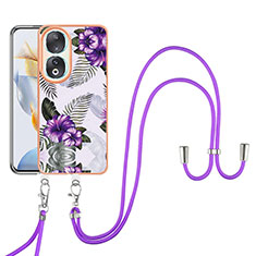 Silicone Candy Rubber Gel Fashionable Pattern Soft Case Cover with Lanyard Strap YB3 for Huawei Honor 90 5G Purple