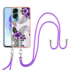 Silicone Candy Rubber Gel Fashionable Pattern Soft Case Cover with Lanyard Strap YB3 for Huawei Honor 90 Lite 5G Purple