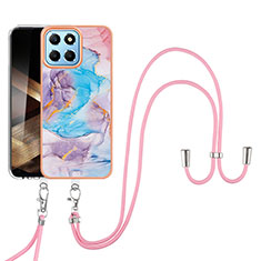Silicone Candy Rubber Gel Fashionable Pattern Soft Case Cover with Lanyard Strap YB3 for Huawei Honor X8b Blue