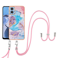 Silicone Candy Rubber Gel Fashionable Pattern Soft Case Cover with Lanyard Strap YB3 for Motorola Moto E22 Blue