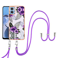 Silicone Candy Rubber Gel Fashionable Pattern Soft Case Cover with Lanyard Strap YB3 for Motorola Moto E22 Purple