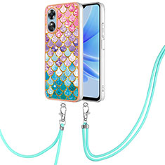 Silicone Candy Rubber Gel Fashionable Pattern Soft Case Cover with Lanyard Strap YB3 for Oppo A17 Colorful