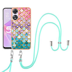 Silicone Candy Rubber Gel Fashionable Pattern Soft Case Cover with Lanyard Strap YB3 for Oppo A58 5G Colorful