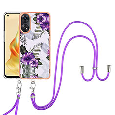 Silicone Candy Rubber Gel Fashionable Pattern Soft Case Cover with Lanyard Strap YB3 for Oppo Reno8 T 4G Purple