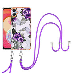 Silicone Candy Rubber Gel Fashionable Pattern Soft Case Cover with Lanyard Strap YB3 for Samsung Galaxy M04 Purple