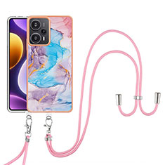 Silicone Candy Rubber Gel Fashionable Pattern Soft Case Cover with Lanyard Strap YB3 for Xiaomi Poco F5 5G Blue