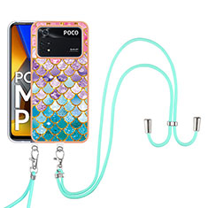 Silicone Candy Rubber Gel Fashionable Pattern Soft Case Cover with Lanyard Strap YB3 for Xiaomi Poco M4 Pro 4G Colorful